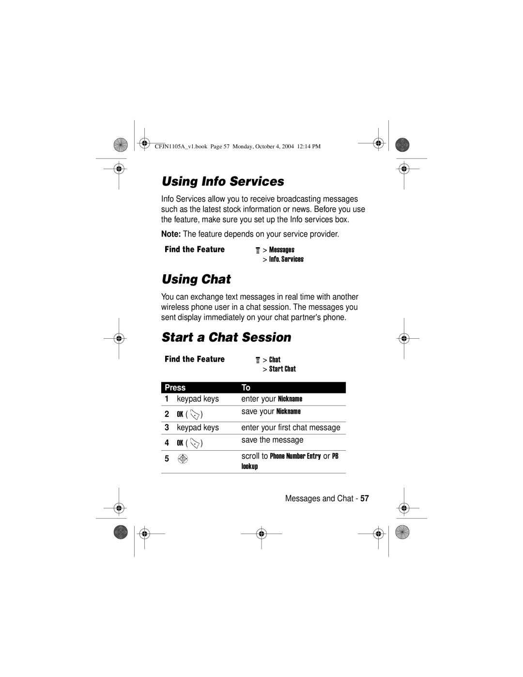 Motorola C155, C156 manual Using Info Services, Using Chat, Start a Chat Session 