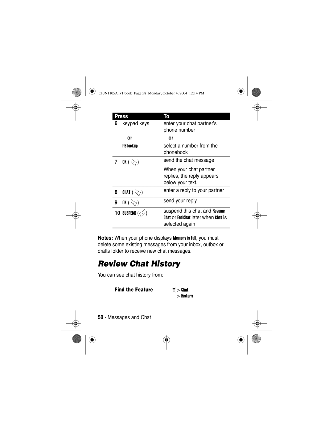 Motorola C156, C155 manual Review Chat History 