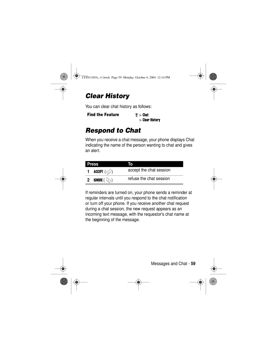 Motorola C155, C156 manual Clear History, Respond to Chat 