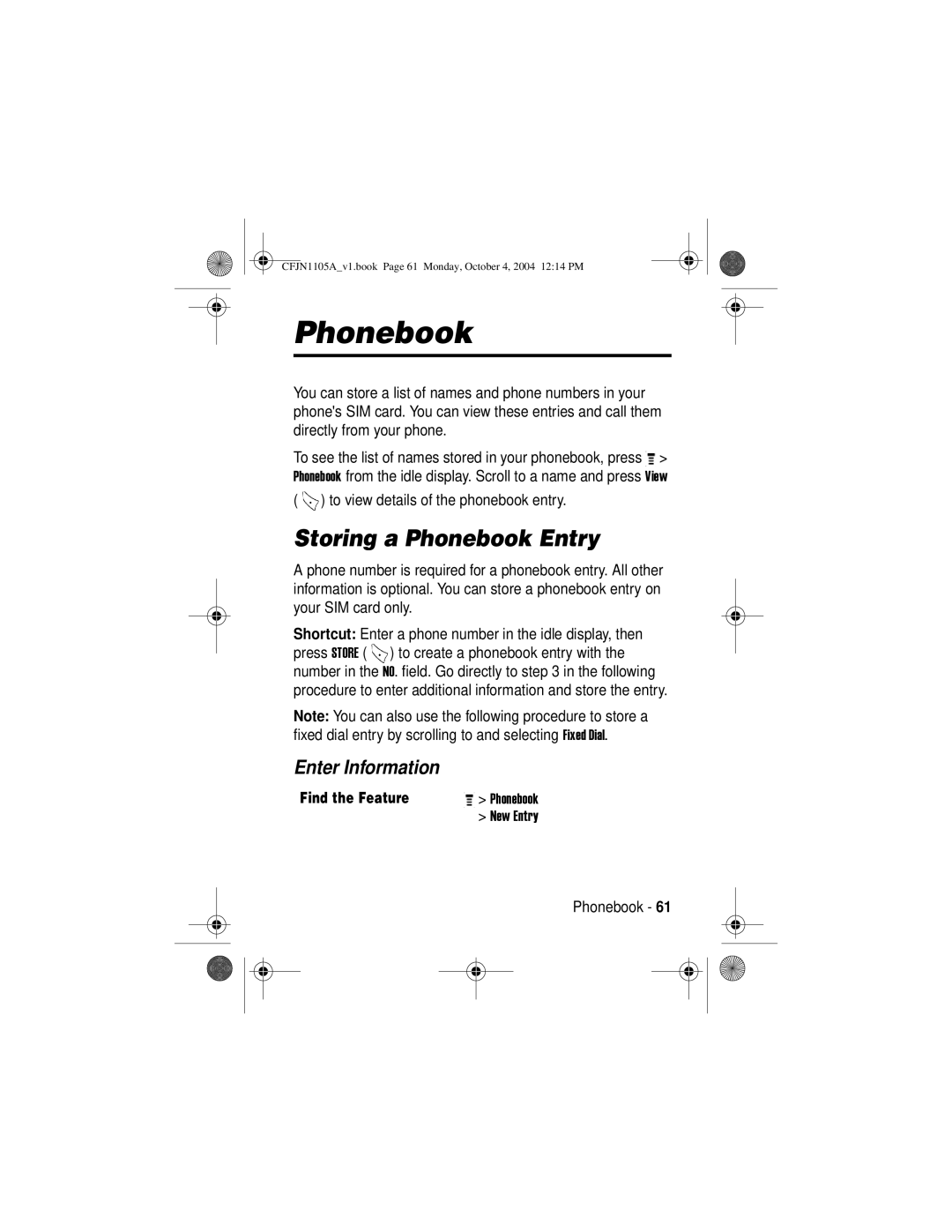 Motorola C155, C156 manual Storing a Phonebook Entry, Enter Information 