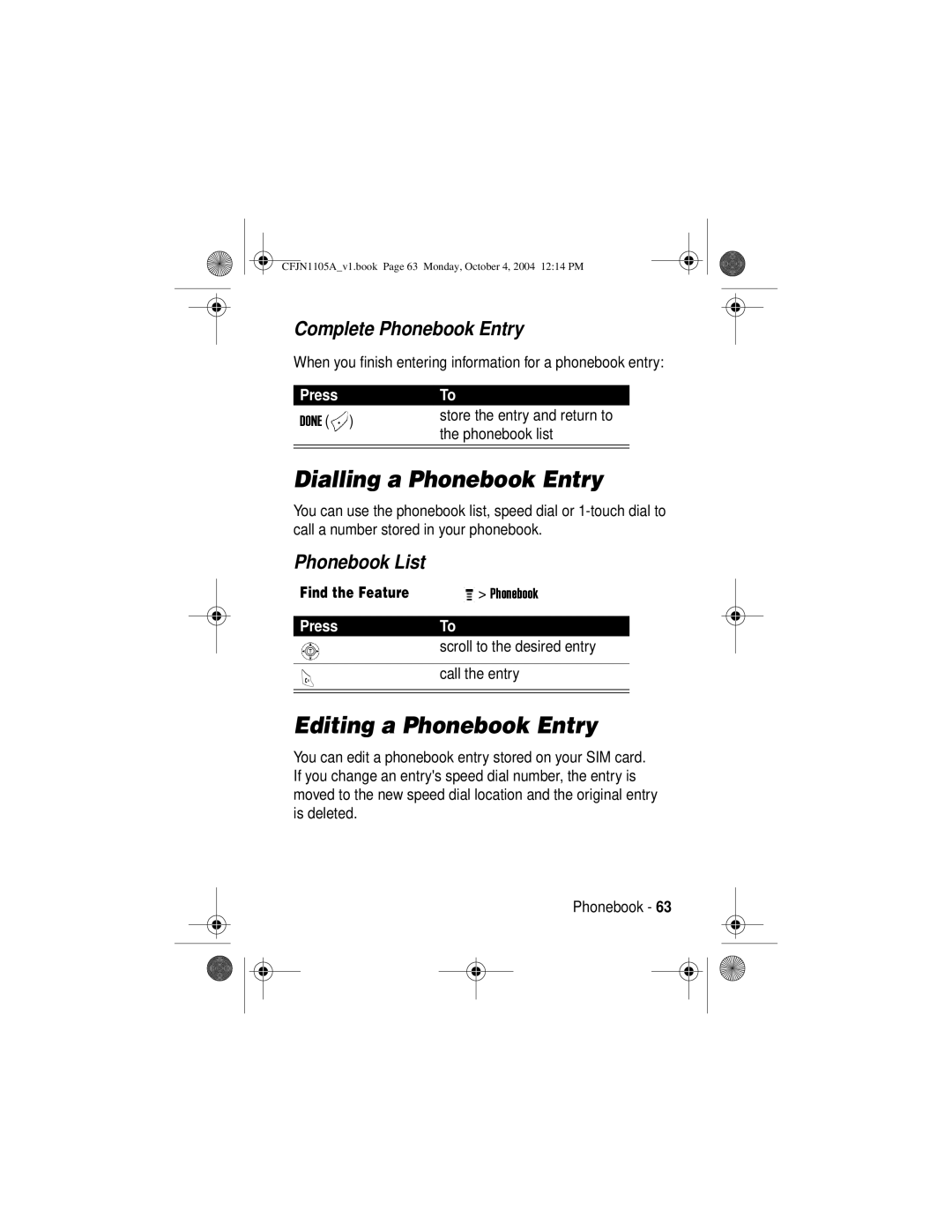 Motorola C155 Dialling a Phonebook Entry, Editing a Phonebook Entry, Complete Phonebook Entry, Phonebook List, PressTo 