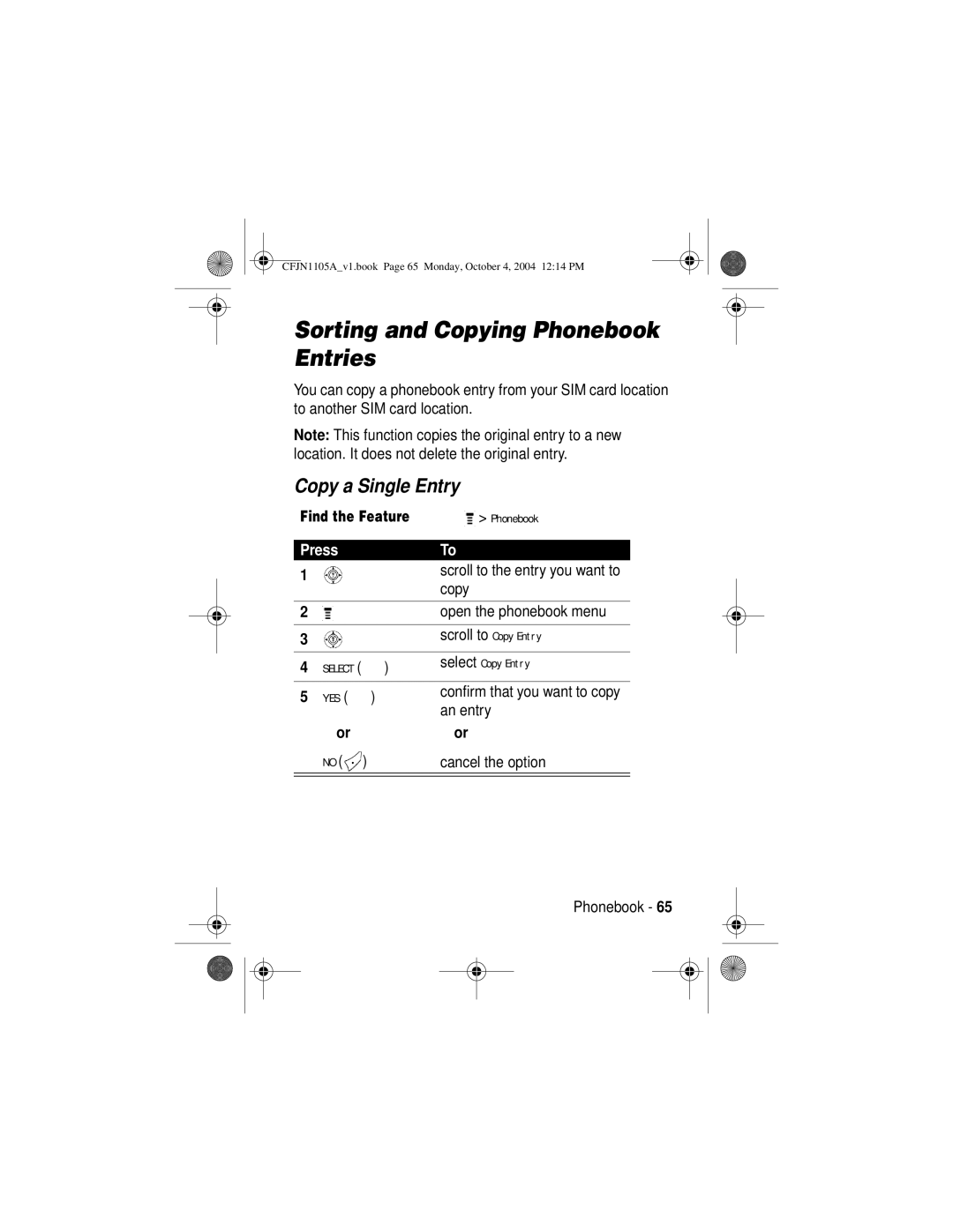 Motorola C155, C156 manual Sorting and Copying Phonebook Entries, Copy a Single Entry 