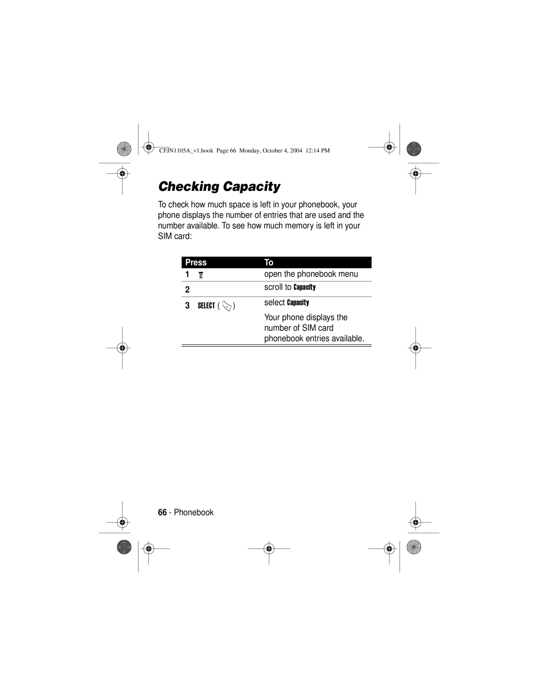 Motorola C156, C155 manual Checking Capacity, Scroll to Capacity 