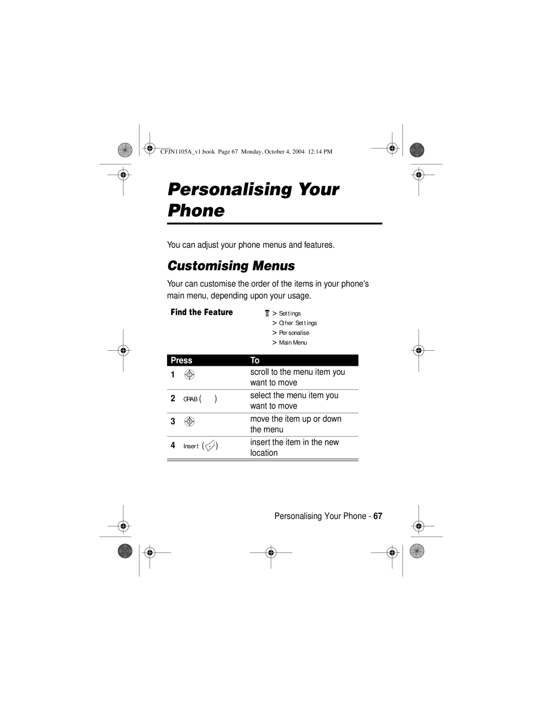 Motorola C155, C156 manual Personalising Your Phone, Customising Menus 