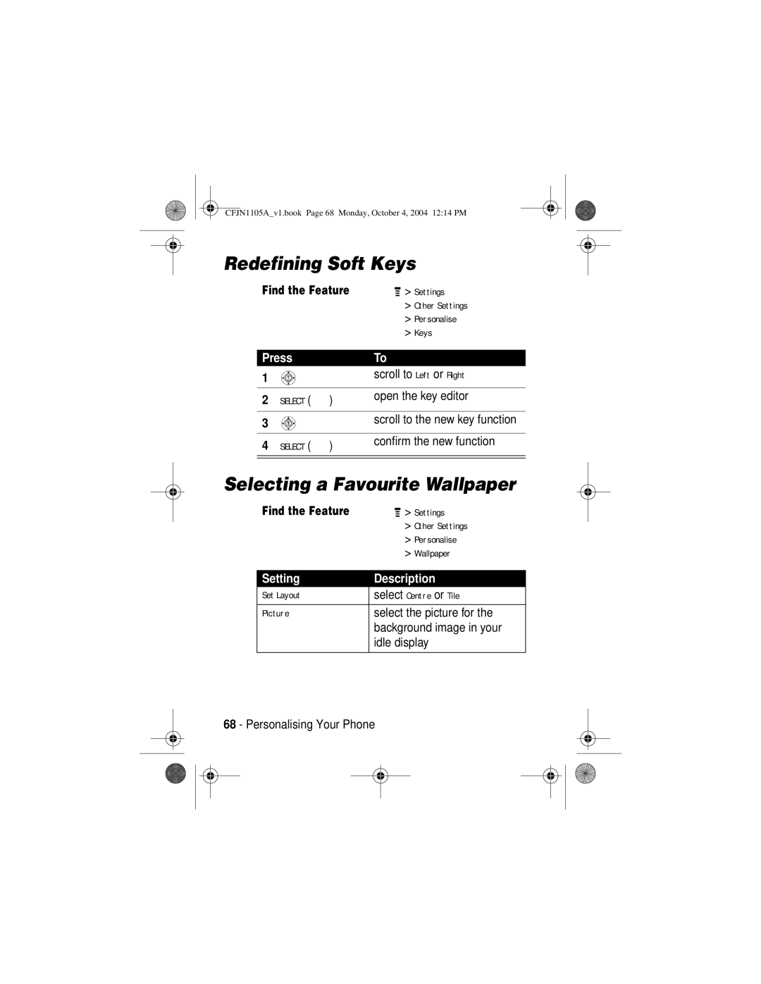 Motorola C156, C155 manual Redefining Soft Keys, Selecting a Favourite Wallpaper, Setting Description 