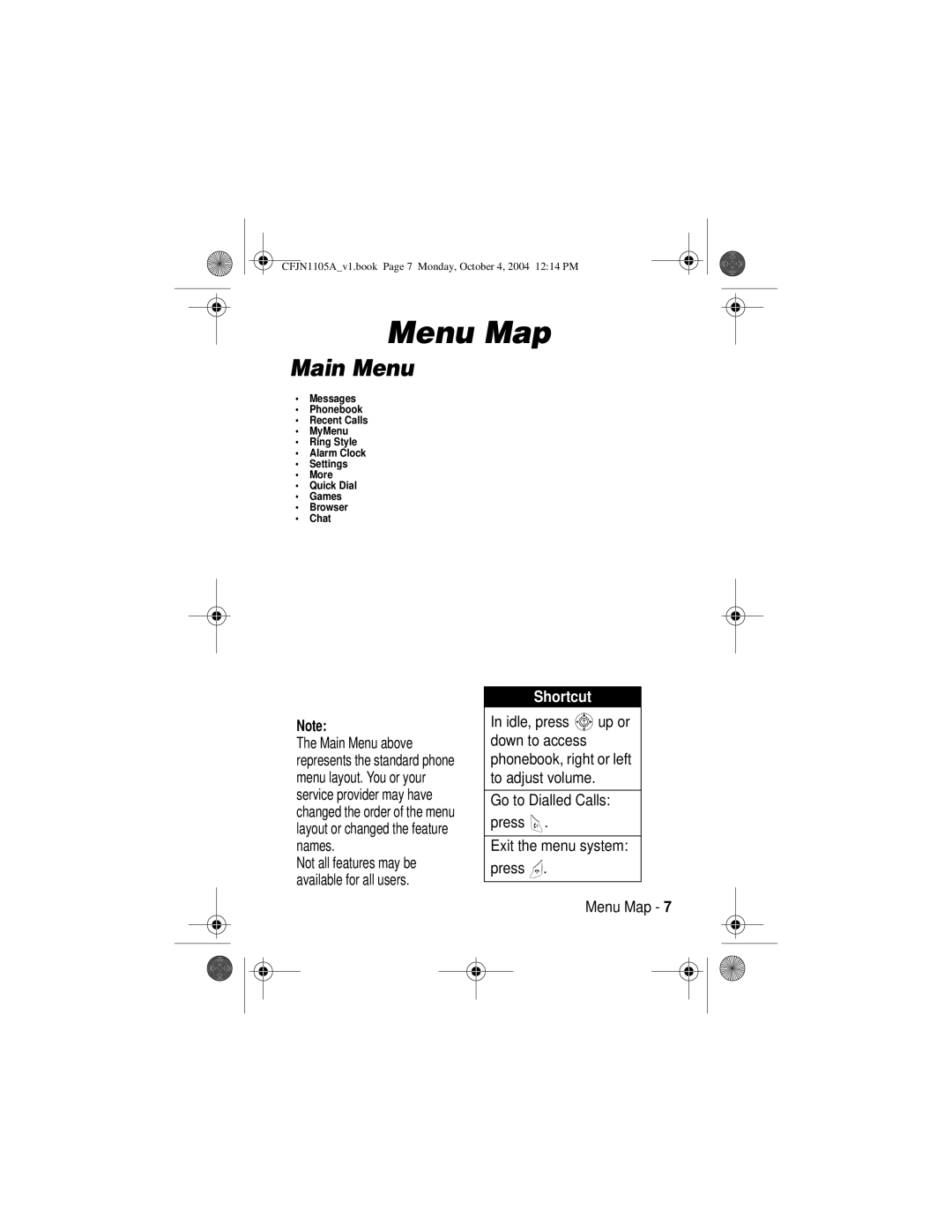 Motorola C155, C156 manual Menu Map, Main Menu, Shortcut 