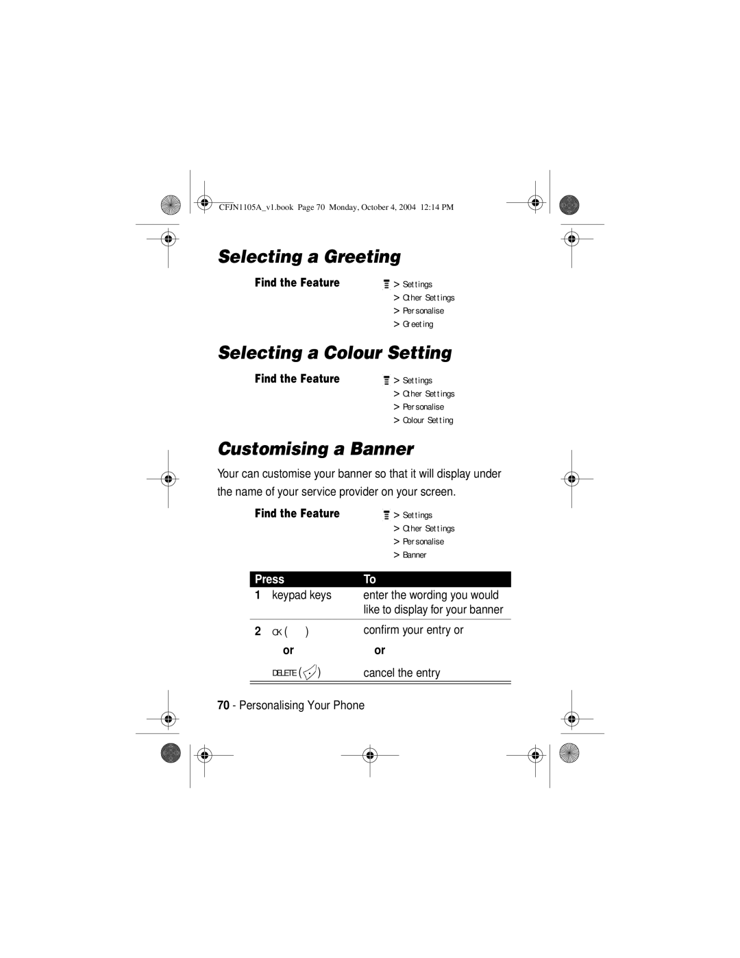 Motorola C156, C155 manual Selecting a Greeting, Selecting a Colour Setting, Customising a Banner 