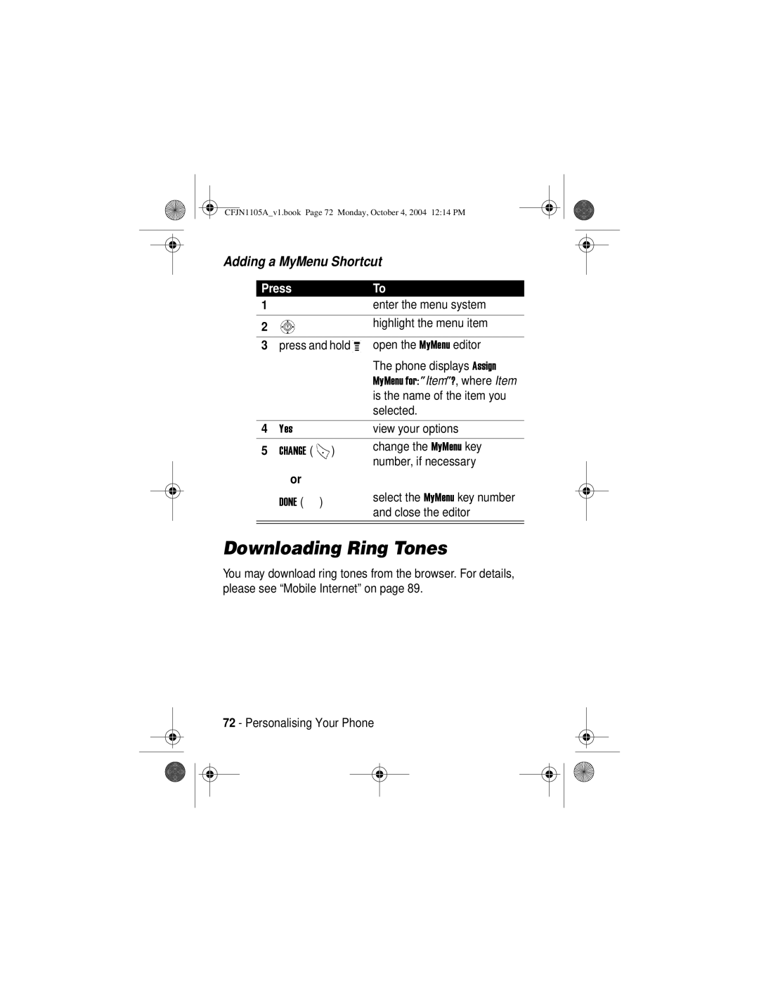 Motorola C156, C155 manual Downloading Ring Tones, Adding a MyMenu Shortcut 