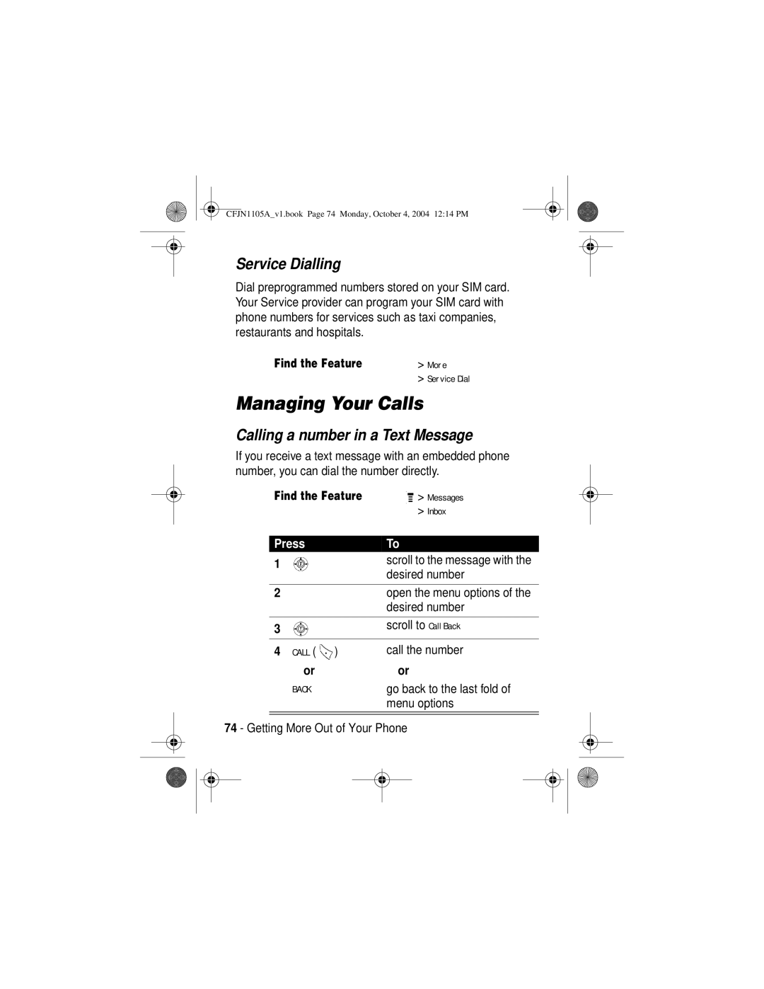 Motorola C156, C155 manual Managing Your Calls, Service Dialling, Calling a number in a Text Message 