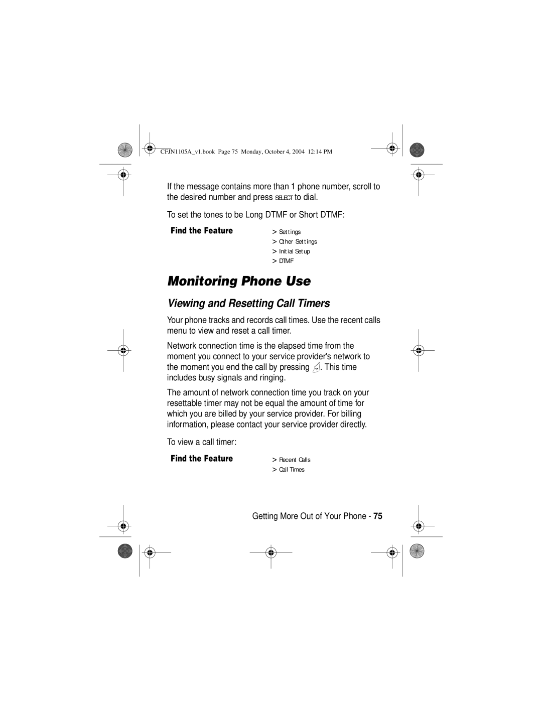 Motorola C155, C156 manual Monitoring Phone Use, Viewing and Resetting Call Timers 