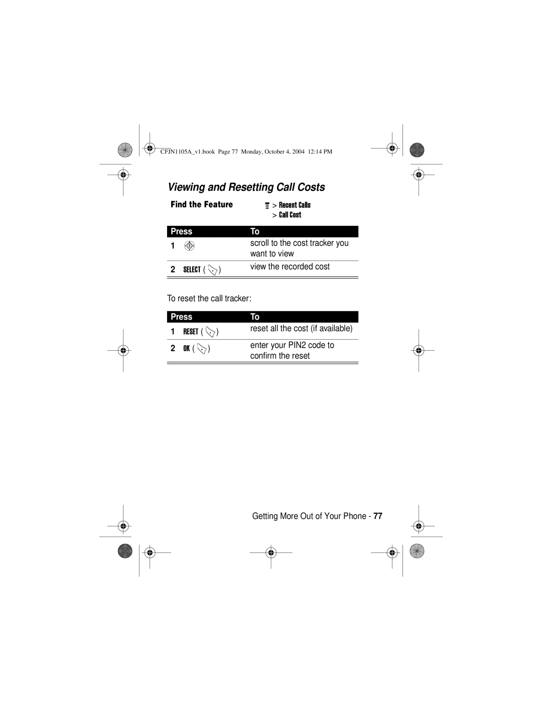 Motorola C155, C156 manual Viewing and Resetting Call Costs 