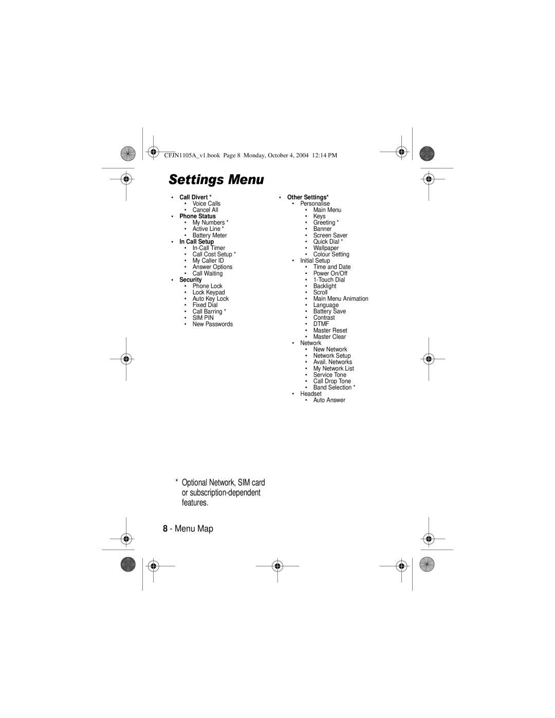 Motorola C156, C155 manual Settings Menu 