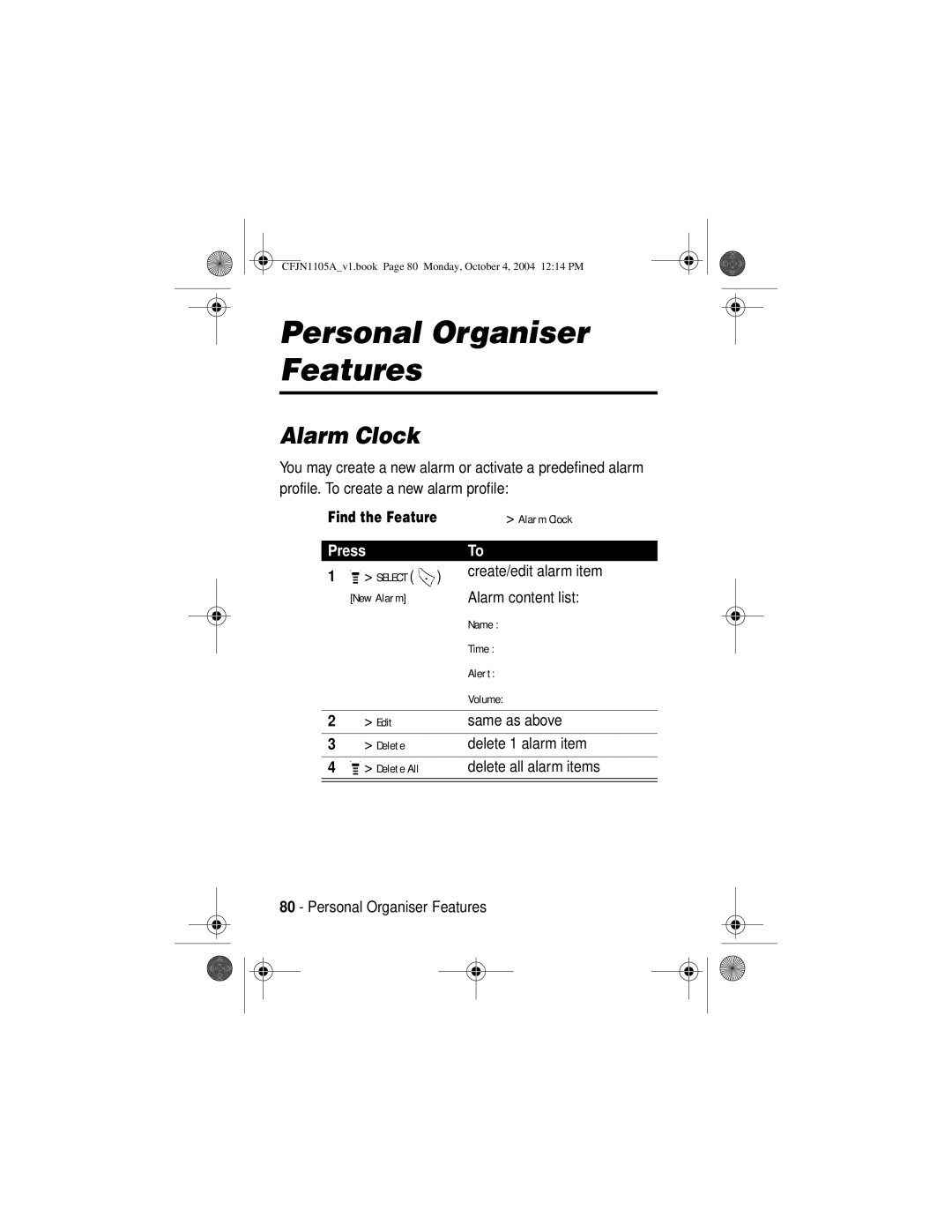 Motorola C156, C155 manual Personal Organiser Features, Alarm Clock 