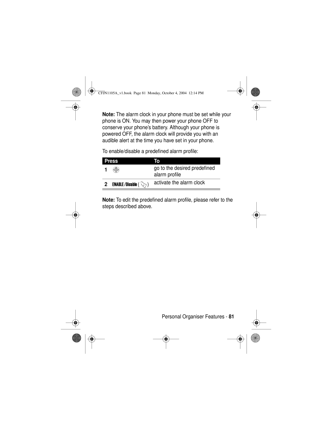 Motorola C155, C156 manual To enable/disable a predefined alarm profile 