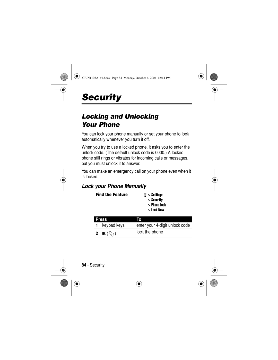 Motorola C156, C155 manual Security, Locking and Unlocking Your Phone, Lock your Phone Manually 