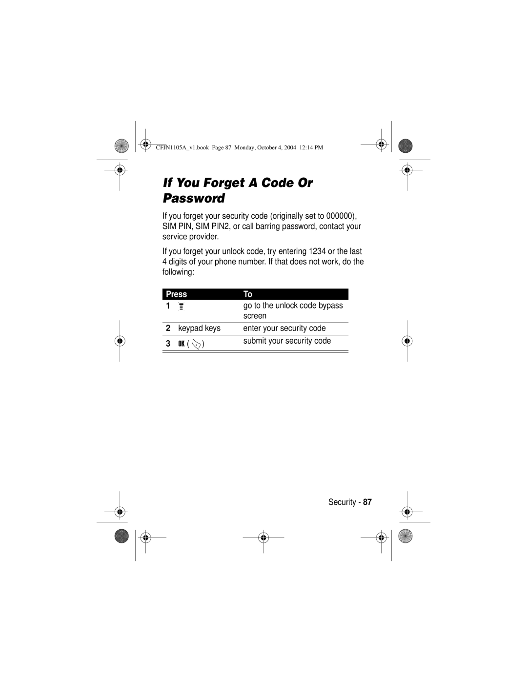 Motorola C155, C156 manual If You Forget a Code Or Password 