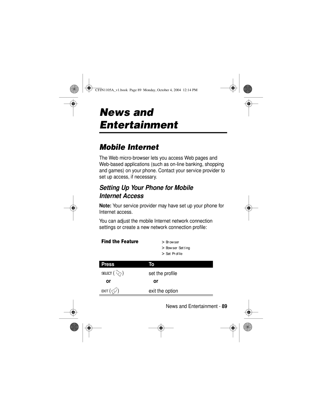 Motorola C155, C156 manual News Entertainment, Setting Up Your Phone for Mobile Internet Access 