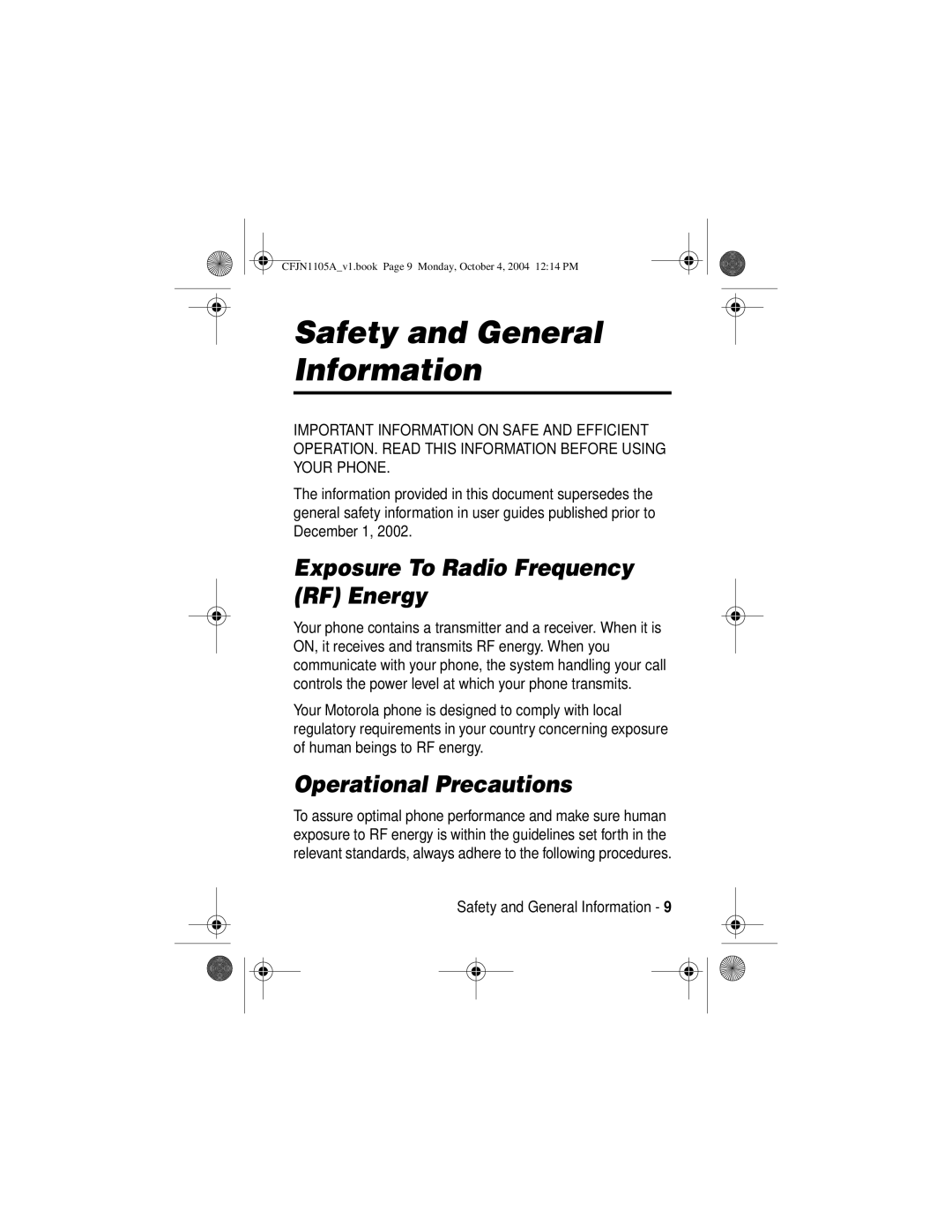 Motorola C155, C156 manual Safety and General Information, Exposure To Radio Frequency RF Energy, Operational Precautions 
