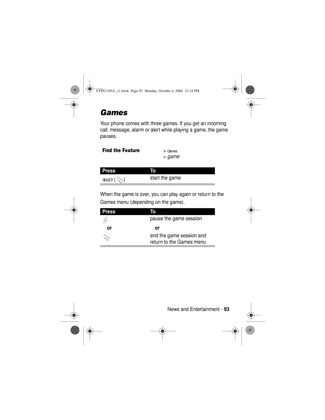 Motorola C155, C156 manual Games, PressTo 