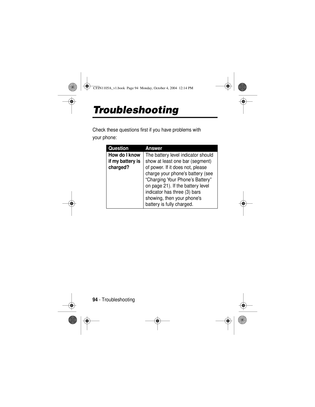 Motorola C156, C155 manual Troubleshooting, Question Answer, Charged? 