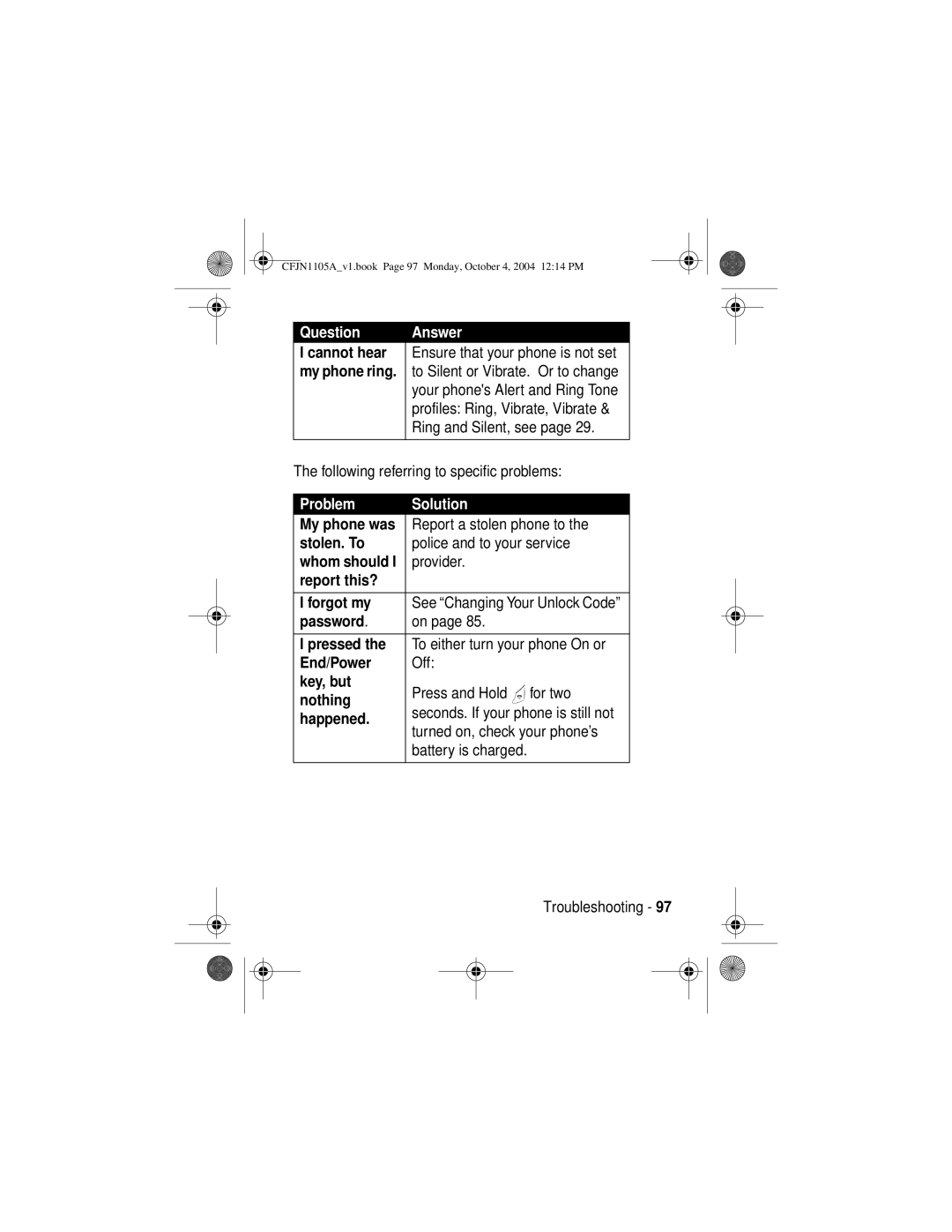 Motorola C155, C156 manual Problem Solution 