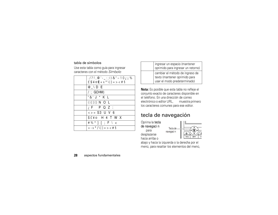 Motorola C168i manual Tecla de navegación, Tabla de símbolos 