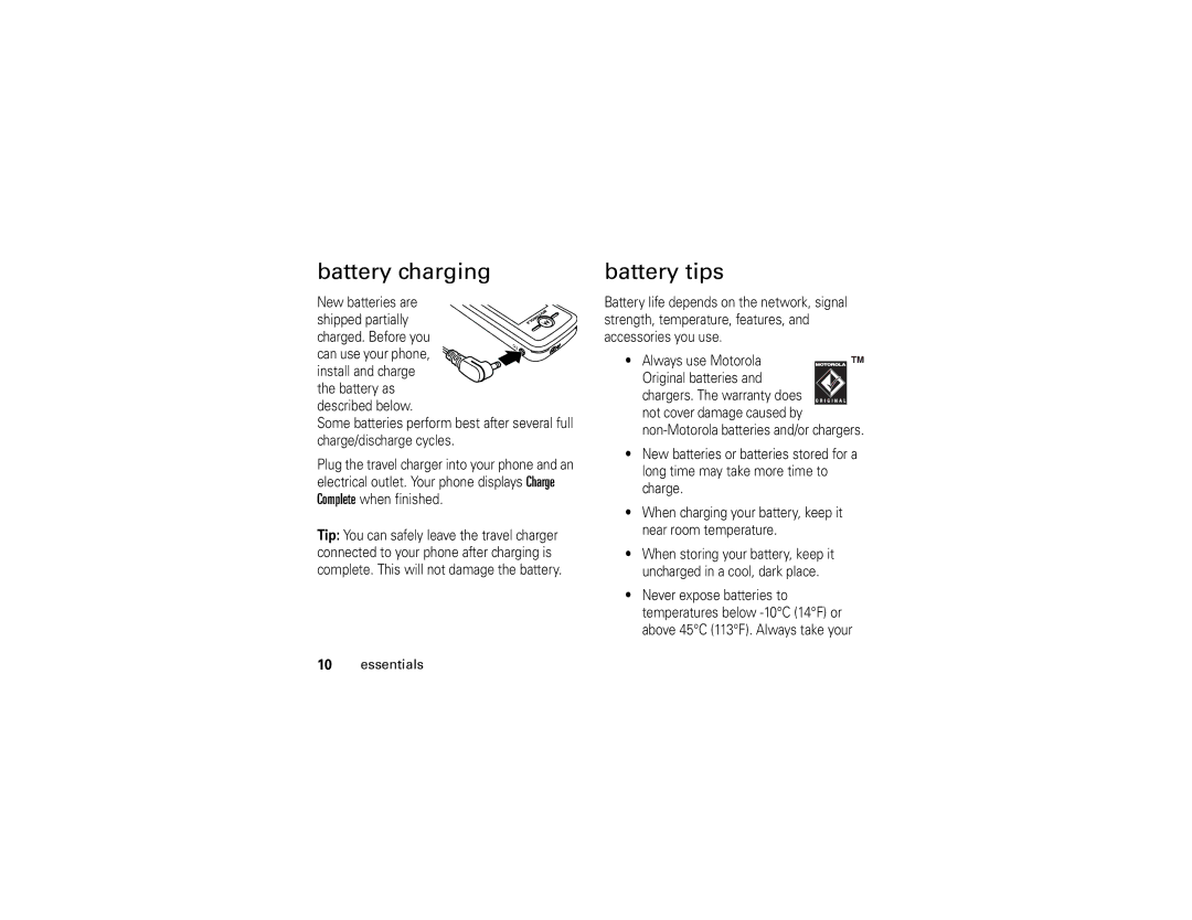 Motorola C168i manual Battery charging, Battery tips 