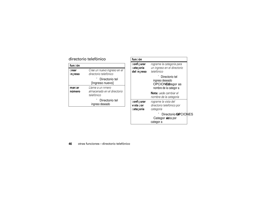 Motorola C168i manual Directorio telefónico, Directorio tel Ingreso nuevo, Opciones Categorías 