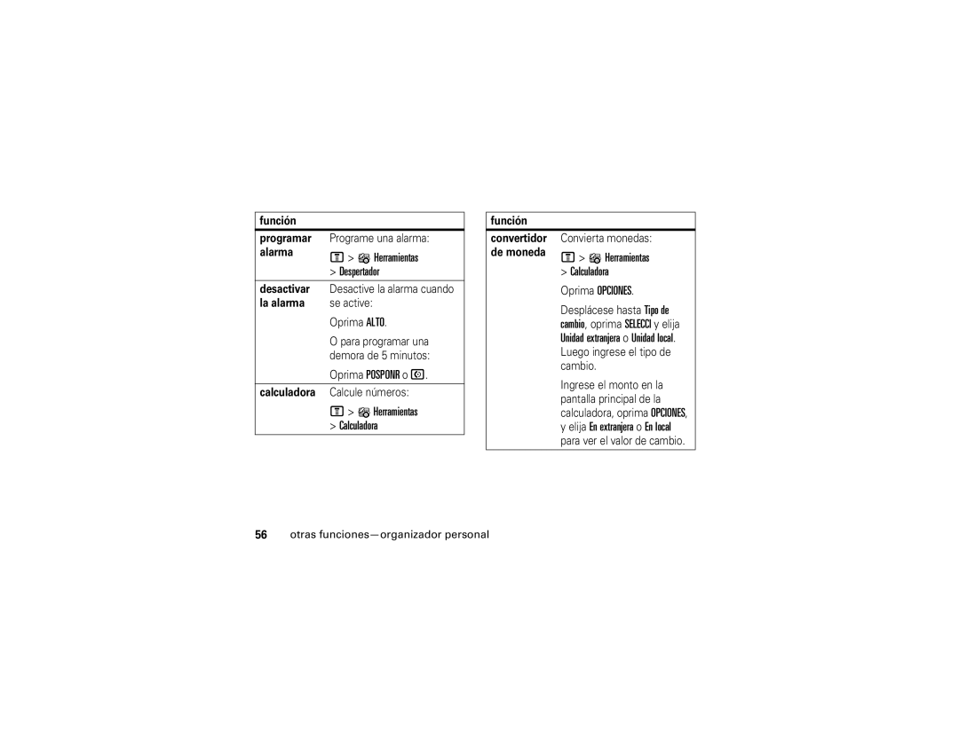 Motorola C168i manual Despertador, ?Herramientas Calculadora, Otras funciones-organizador personal 