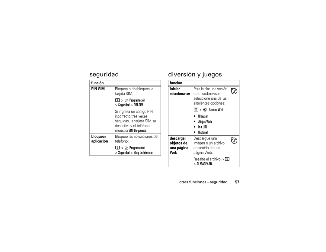 Motorola C168i manual Seguridad, Diversión y juegos 