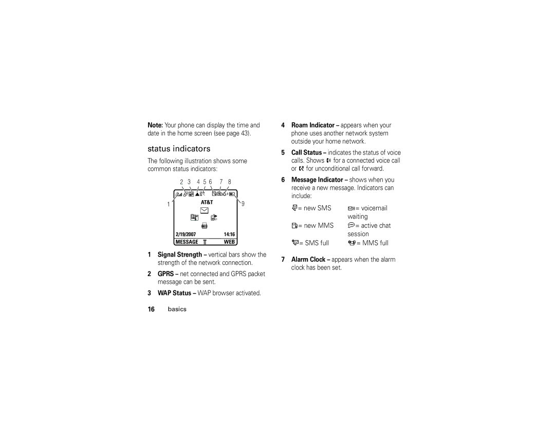 Motorola C168i manual Status indicators 