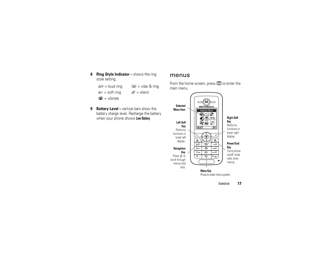 Motorola C168i manual Menus, Ée ËÁ- ÃÊ, = loud ring † = vibe & ring = soft ring = silent = vibrate 