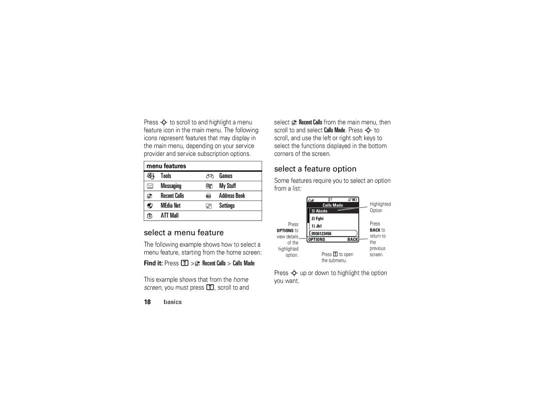 Motorola C168i manual Select a menu feature, Select a feature option, Tools Games Messaging My Stuff, Address Book 