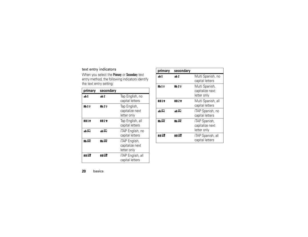 Motorola C168i manual Text entry indicators, Primary secondary 