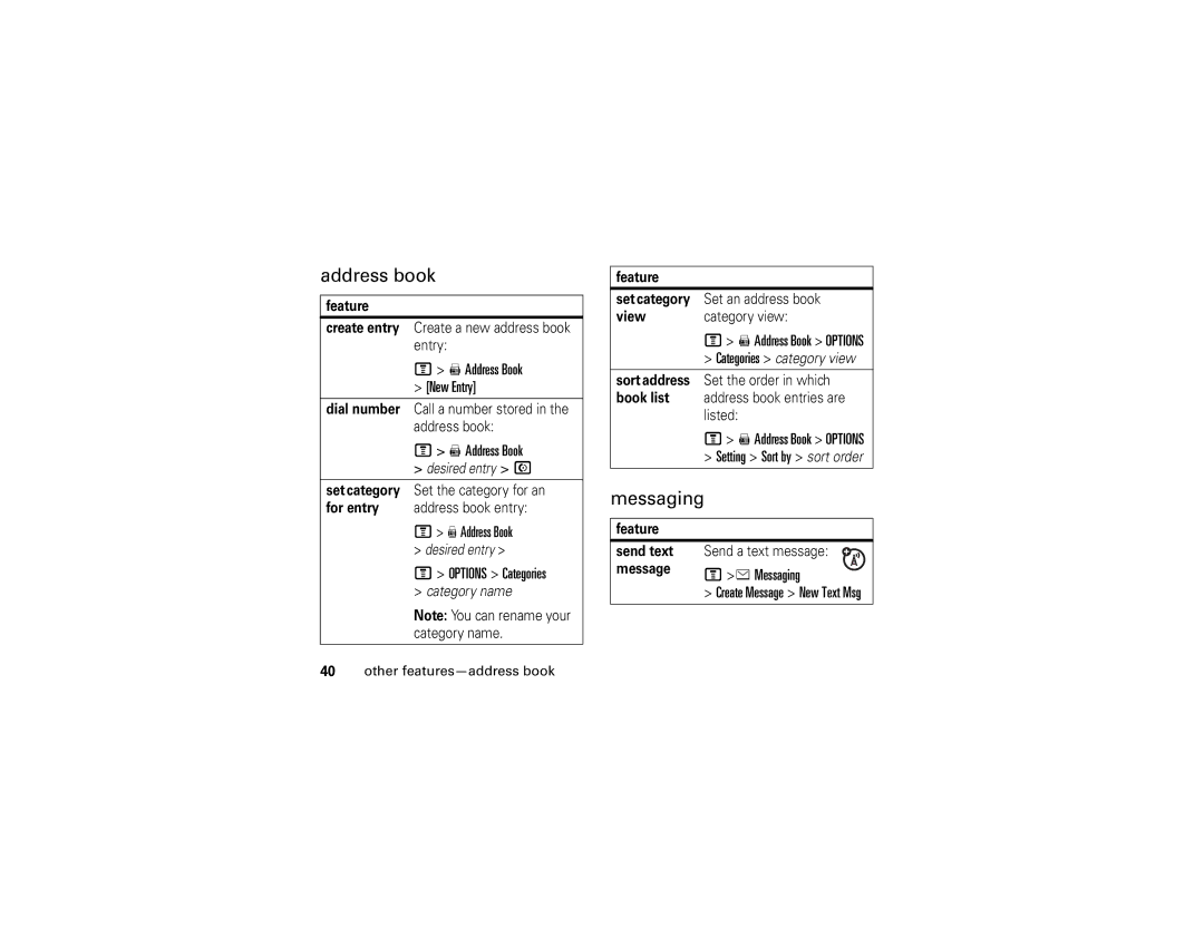 Motorola C168i manual Address book, Messaging 