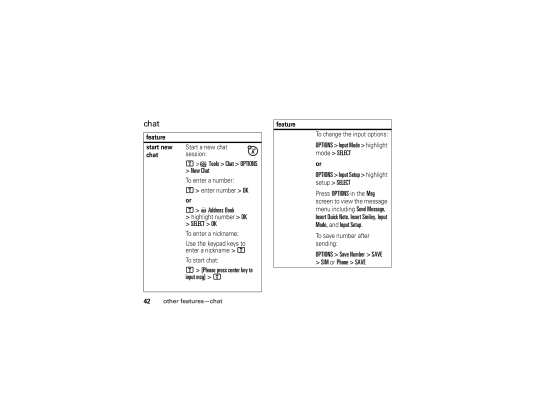 Motorola C168i manual ? Tools Chat Options New Chat, Other features-chat 