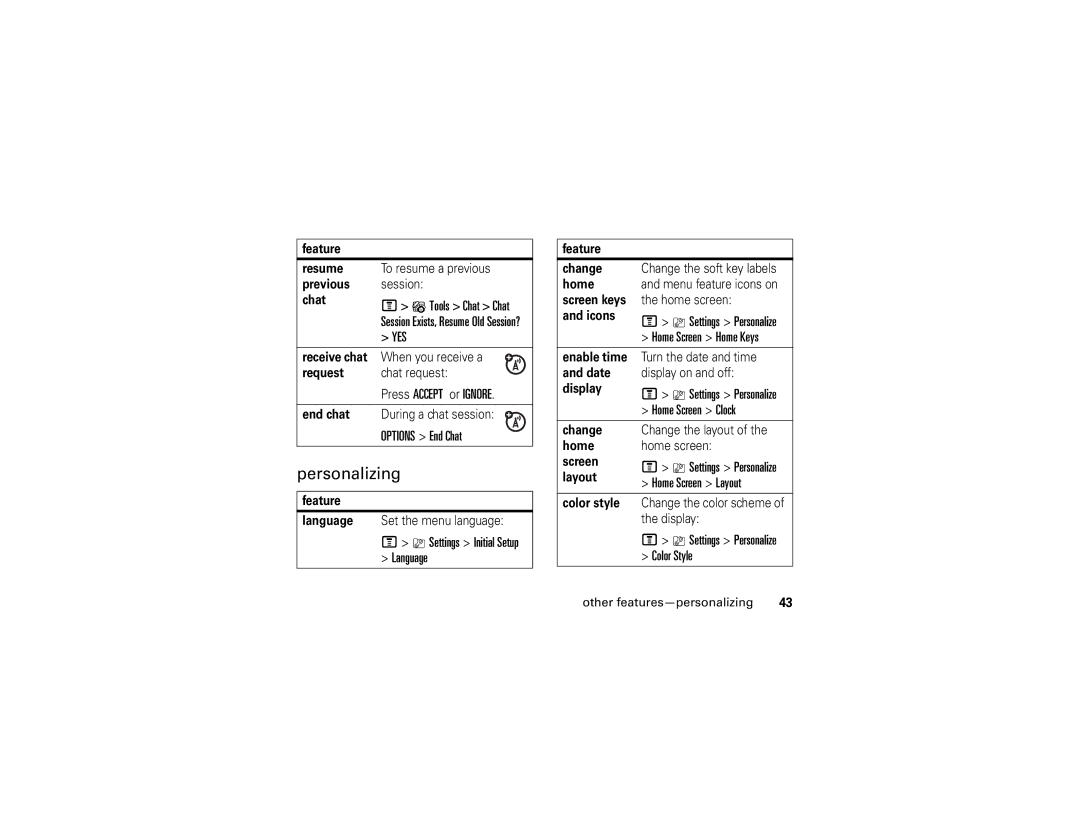 Motorola C168i manual Personalizing, Language, Home Screen Layout, Settings Personalize Color Style 