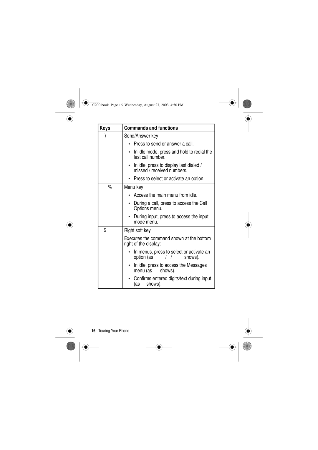 Motorola C200 manual Keys Commands and functions Send/Answer key 