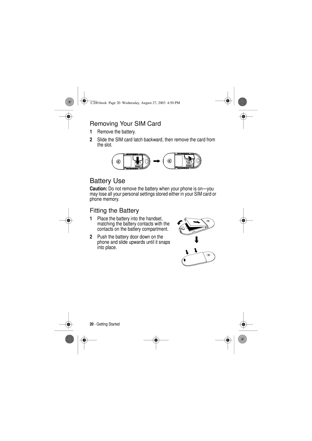 Motorola C200 manual Battery Use, Removing Your SIM Card, Fitting the Battery 