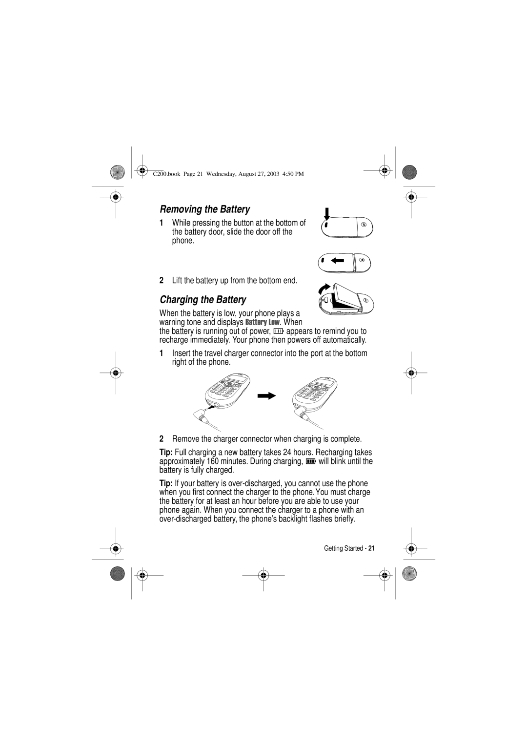 Motorola C200 manual Removing the Battery, Charging the Battery 