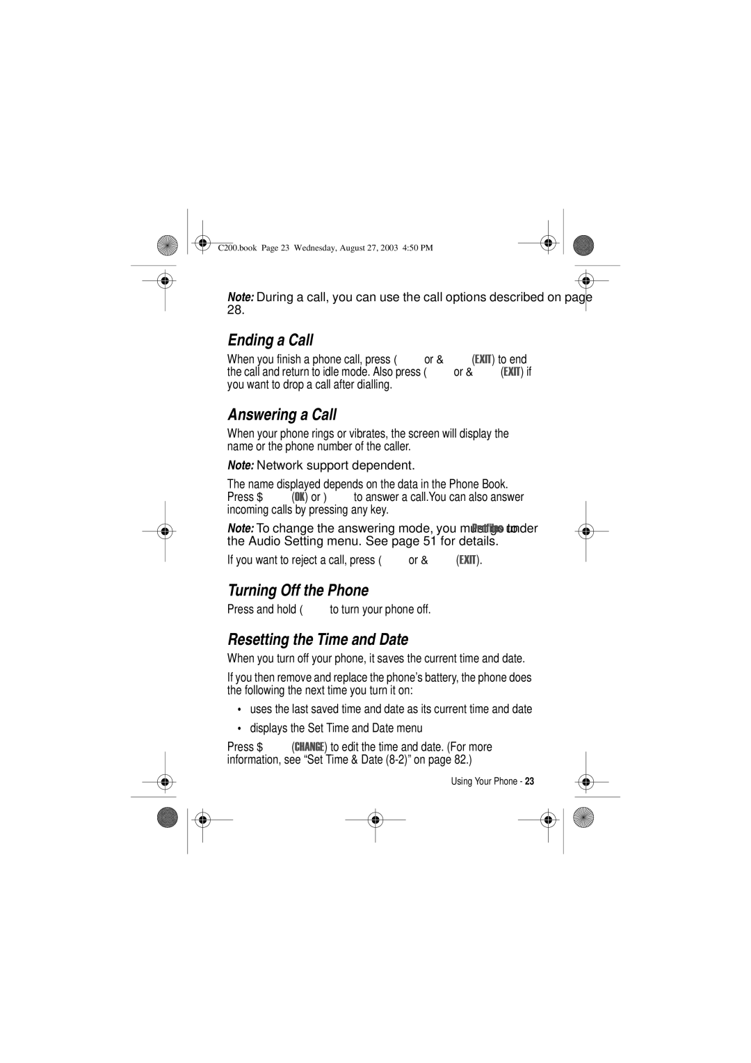 Motorola C200 manual Ending a Call, Answering a Call, Turning Off the Phone, Resetting the Time and Date 