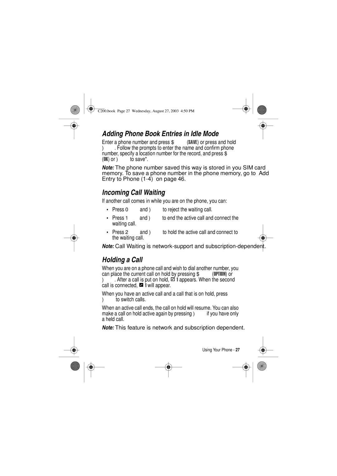 Motorola C200 manual Adding Phone Book Entries in Idle Mode, Incoming Call Waiting, Holding a Call 