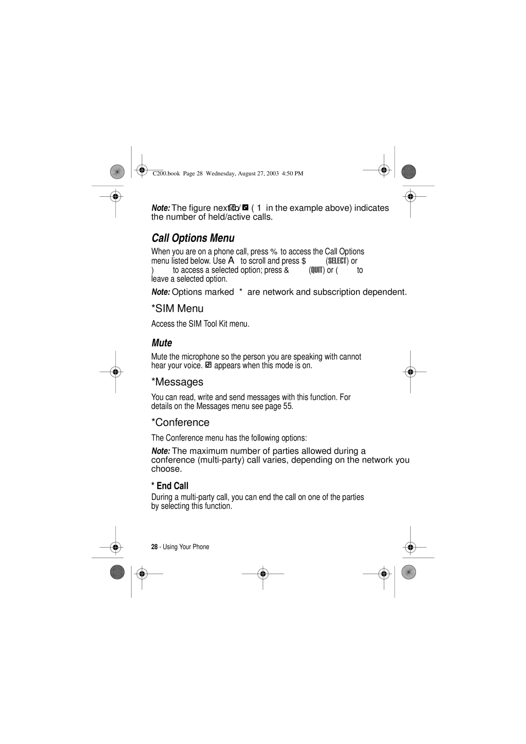 Motorola C200 Call Options Menu, Mute, End Call, Access the SIM Tool Kit menu, Conference menu has the following options 