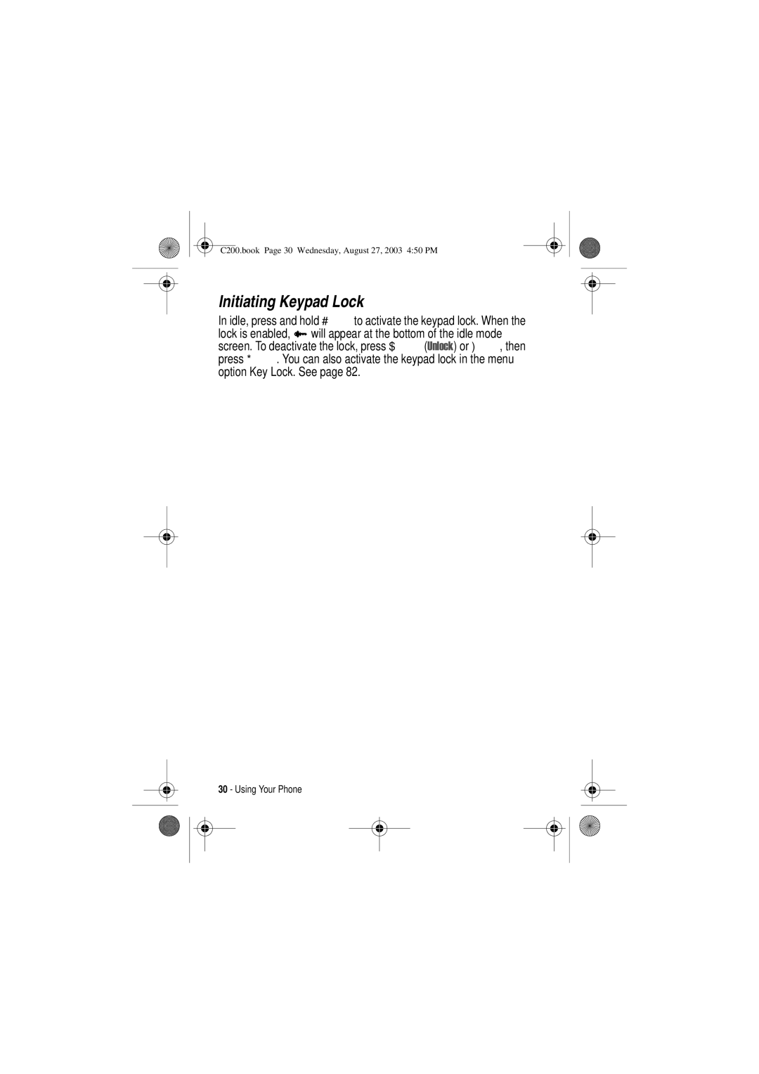 Motorola C200 manual Initiating Keypad Lock 