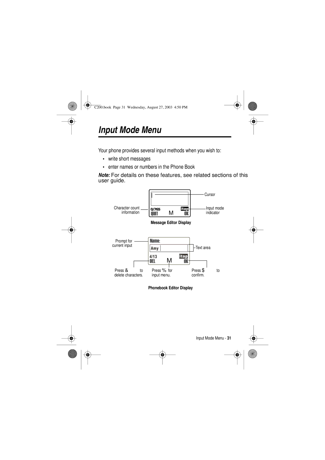 Motorola C200 manual Input Mode Menu, 1DPH 