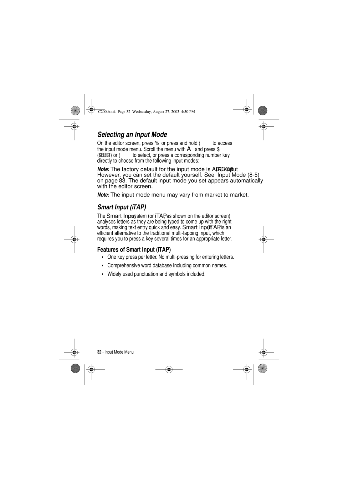 Motorola C200 manual Selecting an Input Mode, Features of Smart Input iTAP 