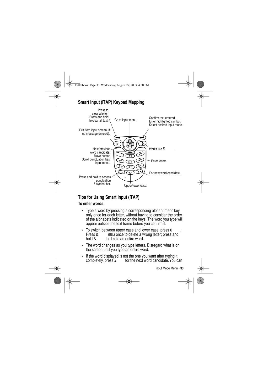 Motorola C200 manual Smart Input iTAP Keypad Mapping, Tips for Using Smart Input iTAP, To enter words 