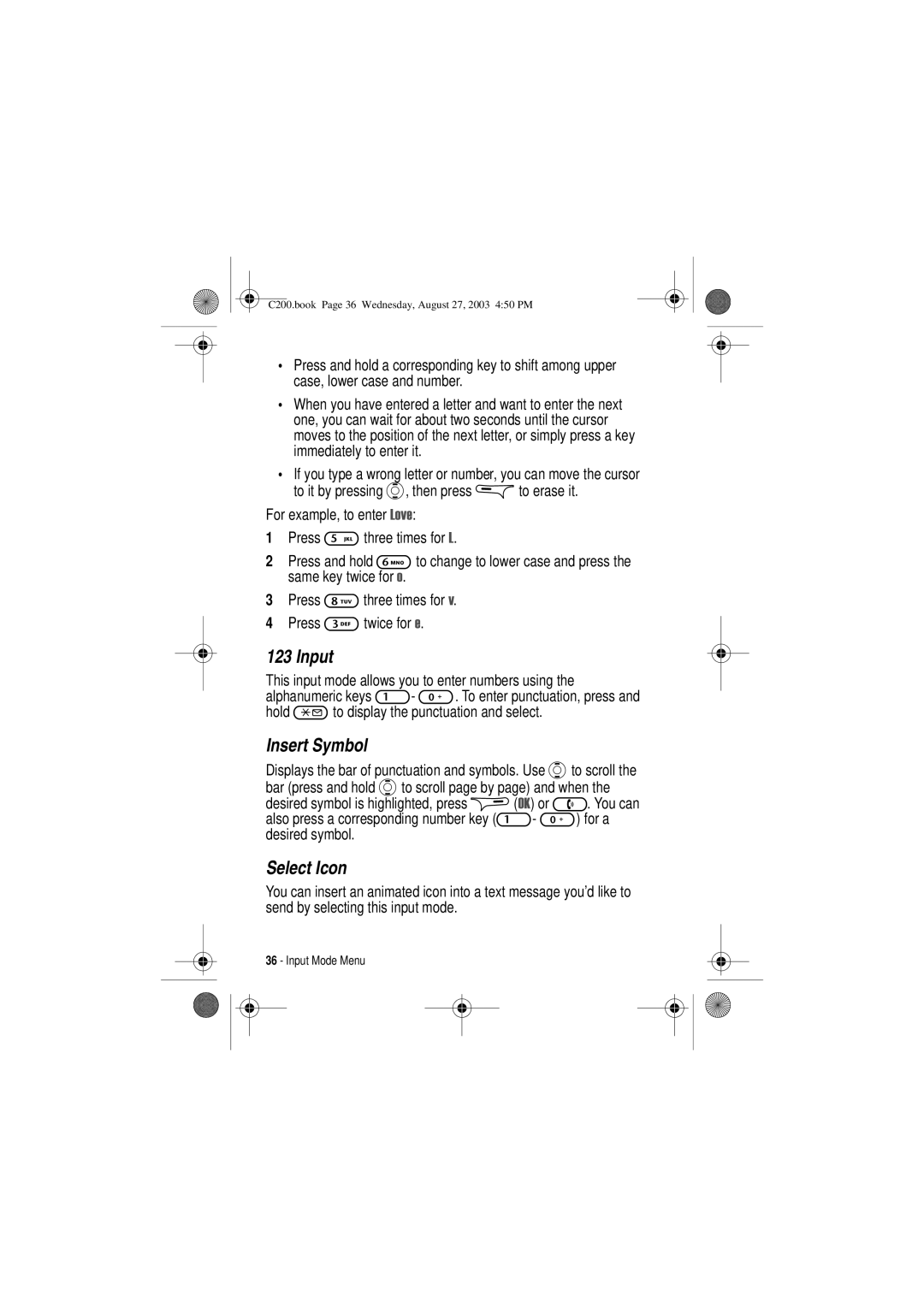 Motorola C200 manual Input, Insert Symbol, Select Icon 