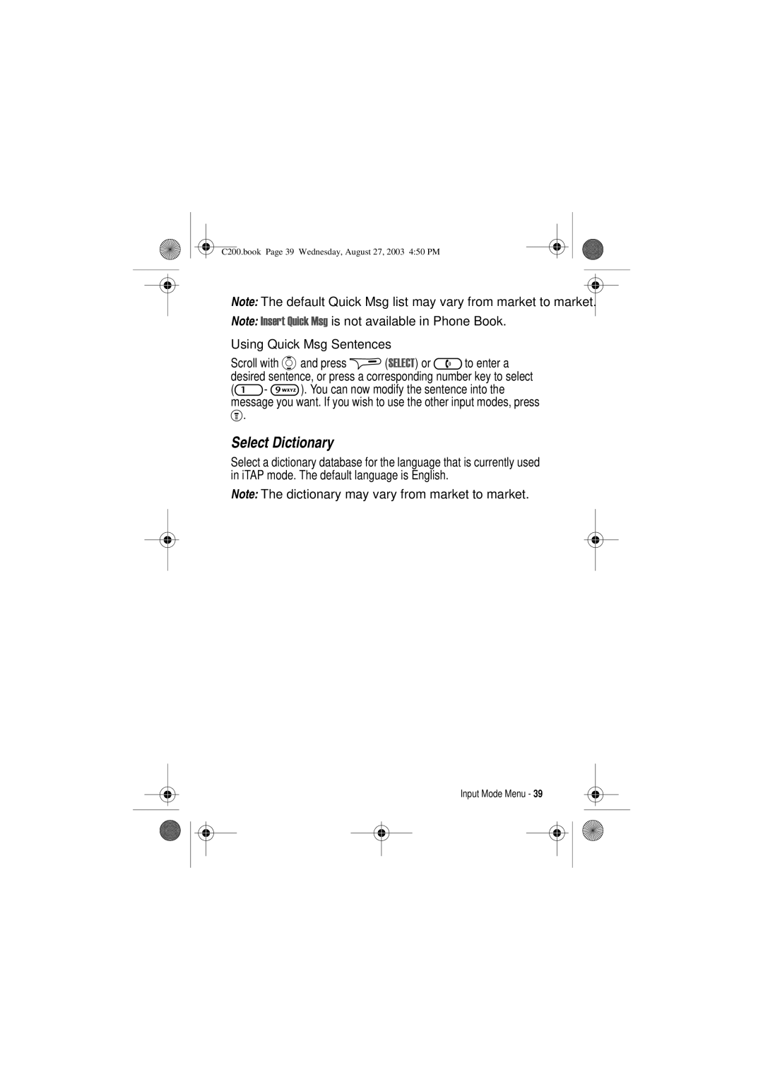 Motorola C200 manual Select Dictionary, Using Quick Msg Sentences 