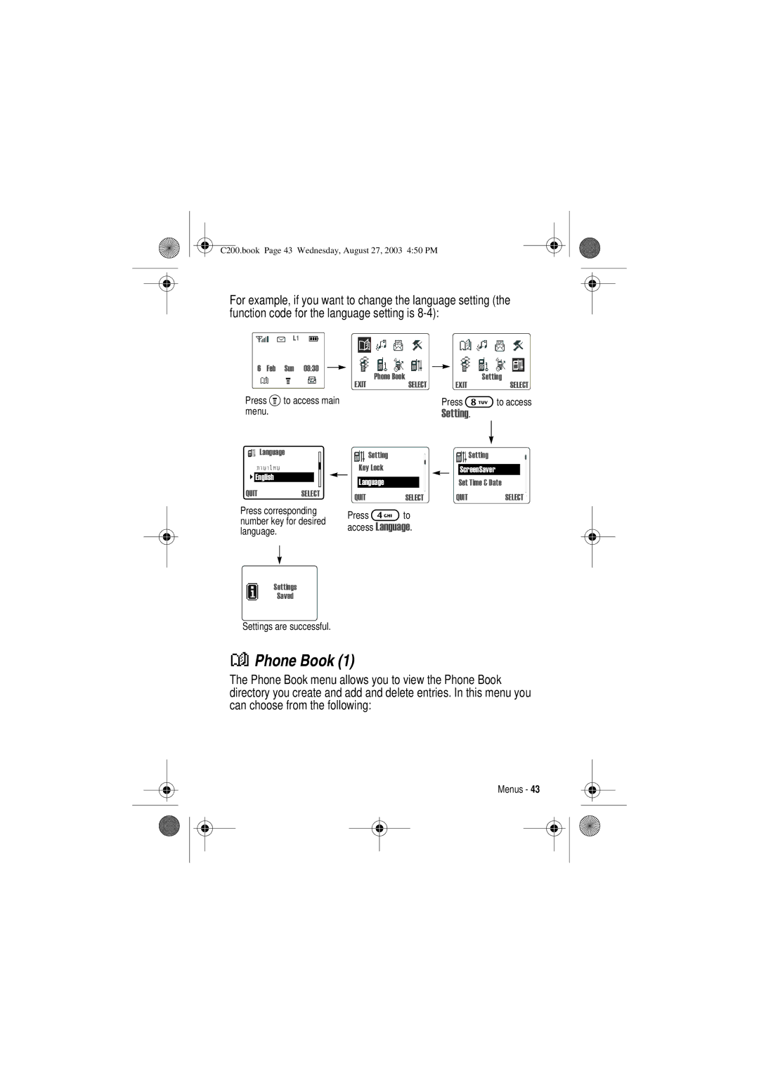 Motorola C200 manual Phone Book, 6HWWLQJ 